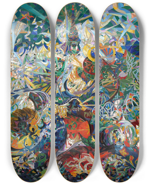 Triptych art skateboard deck of Joseph Stella Battle Of Lights Coney Island Mardigras by Joseph Stella (1877-1946)