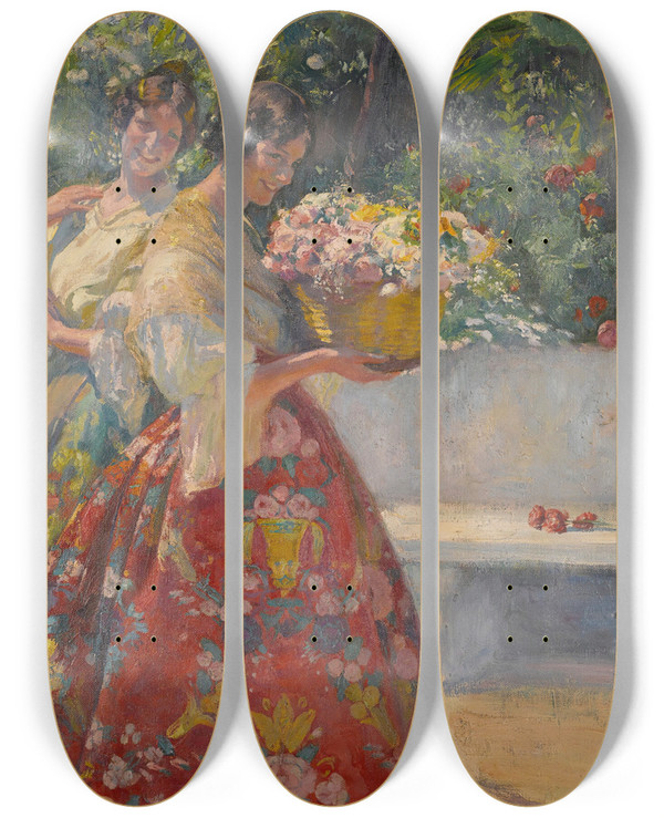 Triptych art skateboard deck of Jos Mongrell Mayo by Jose Mongrell (1870-1937)