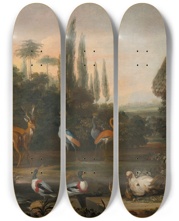 Triptych art skateboard deck of Abraham Jansz Begeyn Landscape With Deer And Exotic Birds by Abraham Jansz Begeyn (1637-1697)