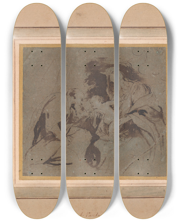 Triptych art skateboard deck of Anthony Van Dyck Virgin Mary With Child And A Saint Or Donor by Anthony Van Dyck (1599-1641)