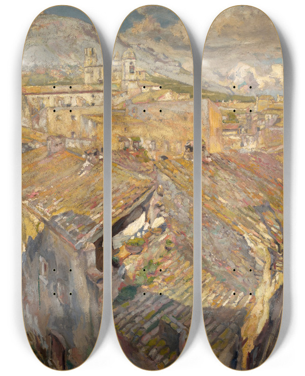 Triptych art skateboard deck of Francesc Gimeno A Village In Lempord by Francesc Gimeno (1858-1927)