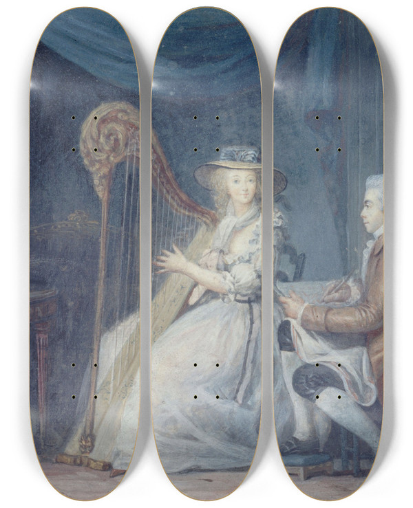 Triptych art skateboard deck of Jeanbaptiste Mallet La Belle Harpiste by Jean-Baptiste Mallet (1759-1835)