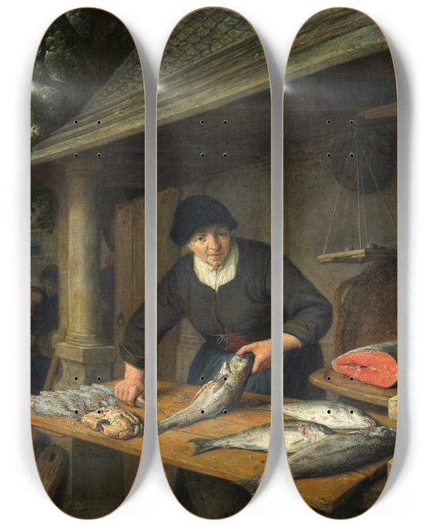 Triptych art skateboard deck of Adriaen Van Ostade The Fishwife by Adriaen Van Ostade (1610-1684)