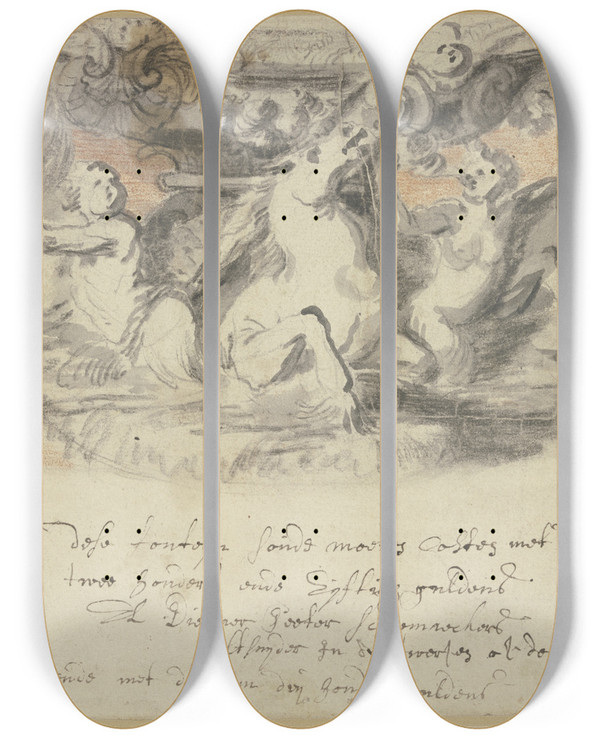 Triptych art skateboard deck of Abraham Van Diepenbeeck A Neptune Fountain by Abraham Van Diepenbeeck (1596-1675)