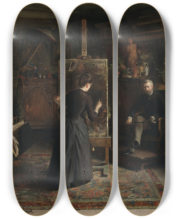 Triptych art skateboard deck of Jeanna Bauck The Danish Artist Bertha Wegmann Painting A Portrait by Jeanna Bauck (1840-1926)
