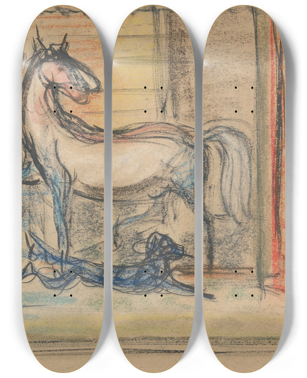 Triptych art skateboard deck of Arnold Peter Weiszkubnan In The Stables by Arnold Peter Weisz-Kubnan (1898-1944)