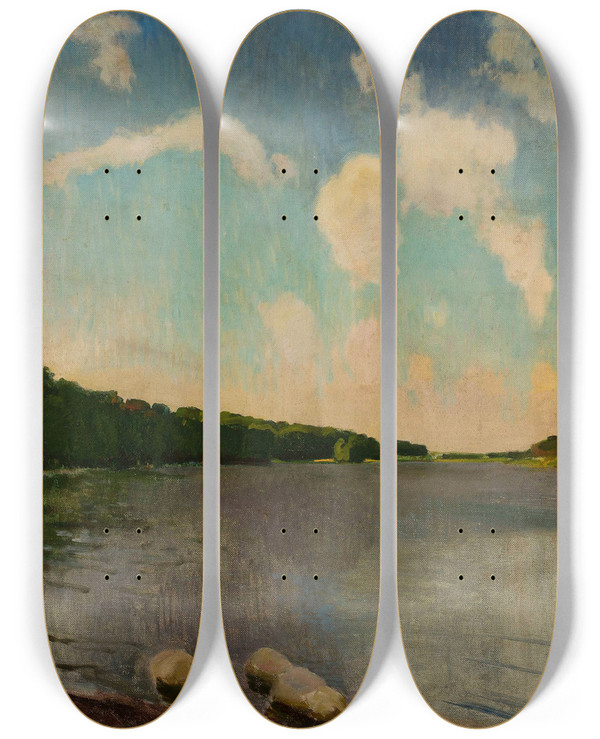 Triptych art skateboard deck of Konrad Krzyanowski Monastery Lake In Kartuzy by Konrad Krzyzanowski (1872-1922)