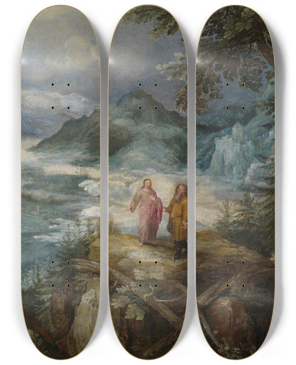 Triptych art skateboard deck of Jan Brueghel The Elder Mountain Landscape With The Temptation Of Christ by Jan Brueghel The Elder (1568-1625)