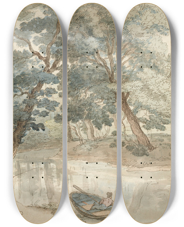 Triptych art skateboard deck of Thomas Rowlandson Elegant Figures With A Dog By A Lake by Thomas Rowlandson (1756-1827)