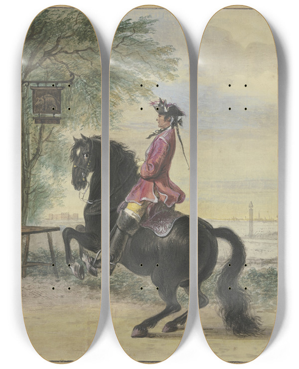 Triptych art skateboard deck of Cornelis Troost Ein Reiter Mit Dreispitz Und Zopf Im Hintergrund Eine Kanallandschaft by Cornelis Troost (1696-1750)