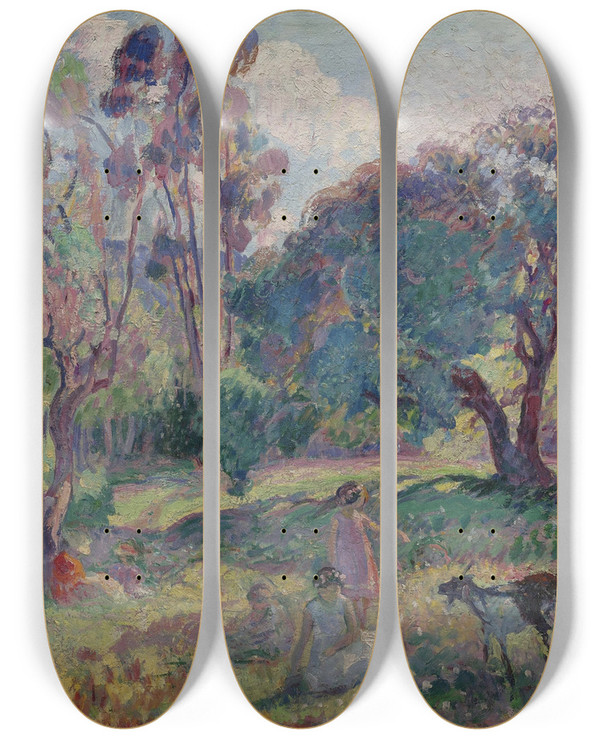 Triptych art skateboard deck of Henri Lebasque Le Repos Sous Les Arbres by Henri Lebasque (1865-1937)