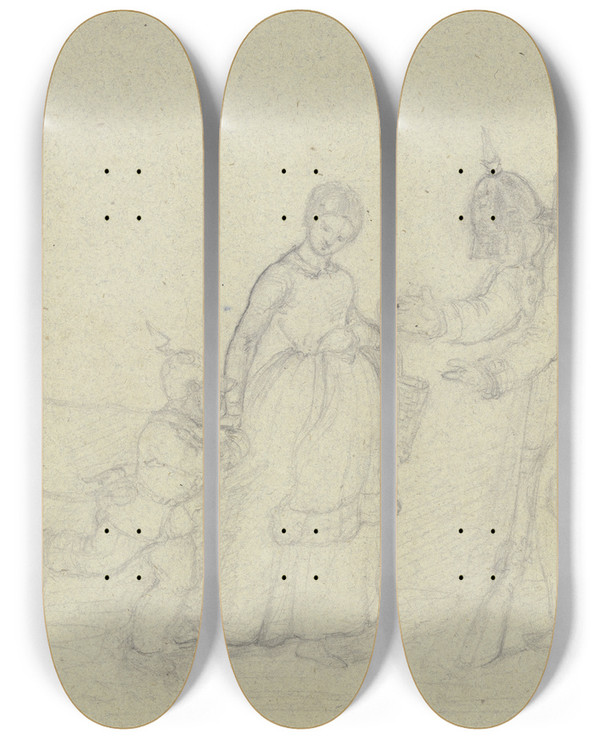 Triptych art skateboard deck of Hermann Wirsing Einflu Der Preuen In Frankfurt Im Jahr 1848 by Hermann Wirsing