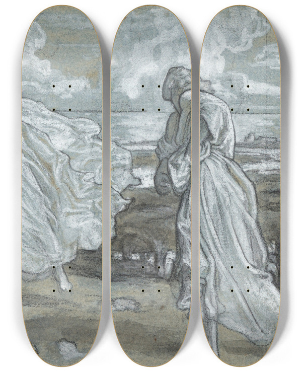 Triptych art skateboard deck of Frederic Leighton Preliminary Sketch For Greek Girls Playing At Ball by Frederic Leighton (1830-1896)