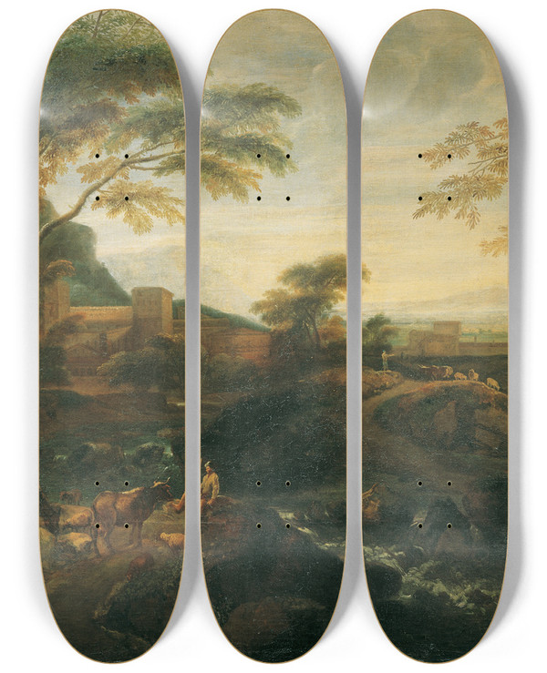 Triptych art skateboard deck of Josef Faistenberger Landschaft Mit Weidenden Khen by Josef Faistenberger (1675-1724)