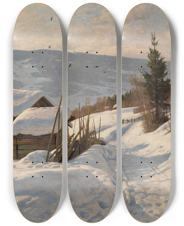 Triptych art skateboard deck of Peder Mrk Mnsted Sonniger Wintertag In Norwegen by Peder Mork Monsted (1859-1941)
