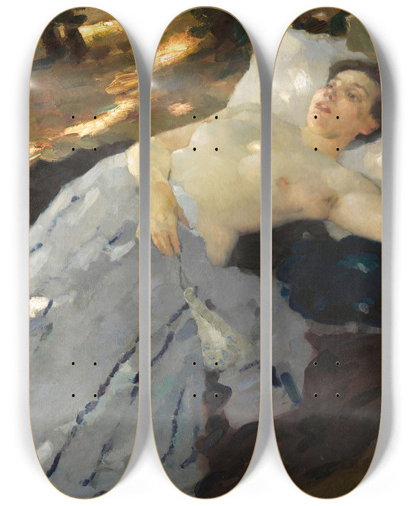 Triptych art skateboard deck of Leo Putz Midsummer by Leo Putz (1869-1940)