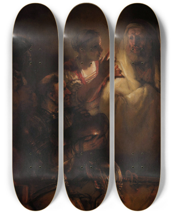 Triptych art skateboard deck of Rembrandt Van Rijn The Denial Of St Peter by Rembrandt Van Rijn (1606-1669)