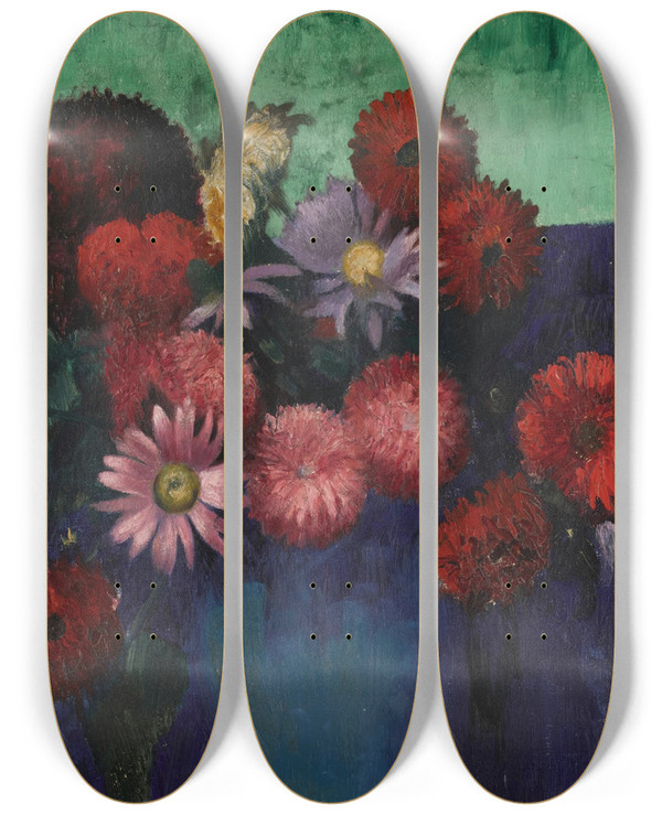 Triptych art skateboard deck of Mark Gertler Still Life Dahlias And Daisies In A Blue Vase by Mark Gertler (1891-1939)