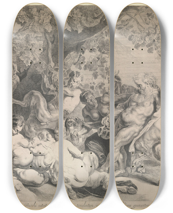 Triptych art skateboard deck of Peter Paul Rubens The Parade Of Silenus by Peter Paul Rubens (1577-1640)