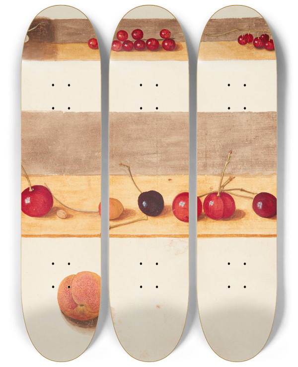 Triptych art skateboard deck of Johanna Fosie Studie Af Frugter Og Br by Johanna Fosie (1726-1764)