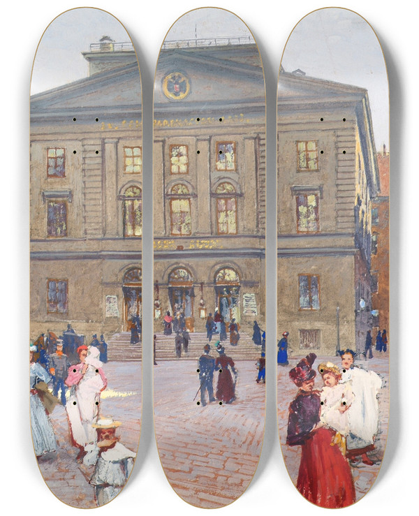 Triptych art skateboard deck of Jindich Tomec Das Postsparkassengebude In Wien by Jindrich Tomec (1863-1928)