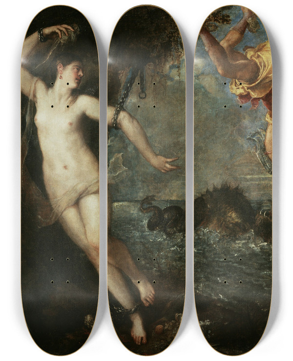 Triptych art skateboard deck of Titian Perseus And Andromeda by Titian (1488-1576)