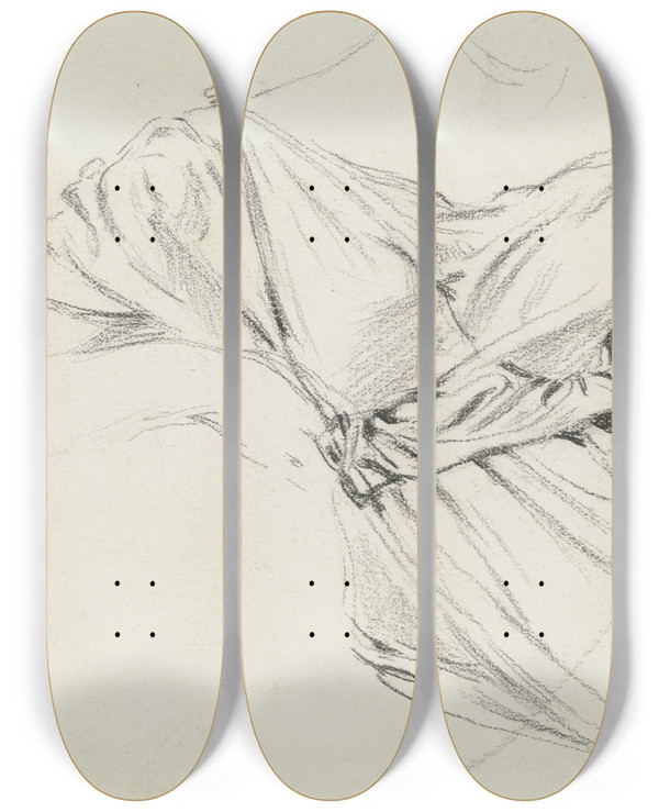 Triptych art skateboard deck of Otto Scholderer Gewand Und Rechter Arm Der Sitzenden Aus Der Vorbereitung Zum Kostmball_2 by Otto Scholderer (1834-1902)