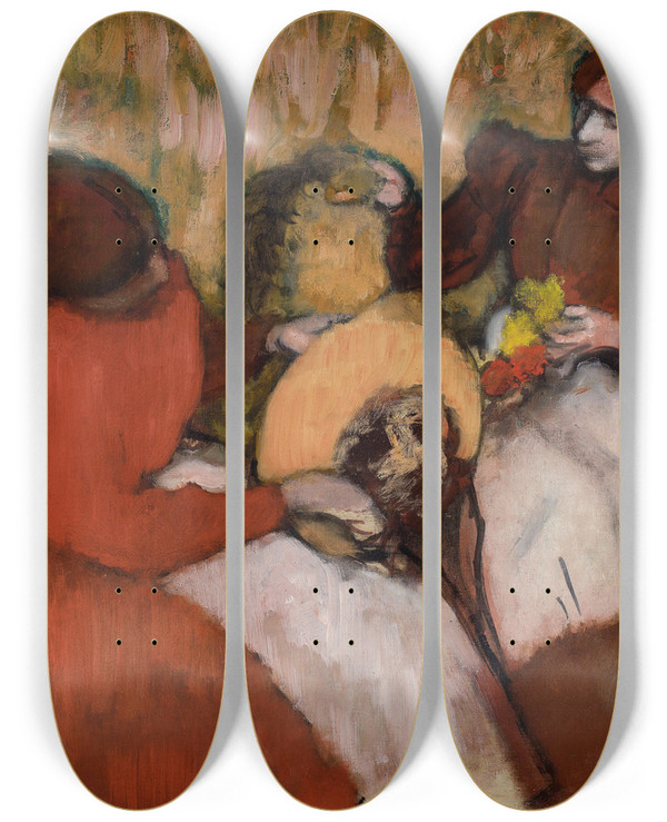 Triptych art skateboard deck of Edgar Degas The Milliners_2 by Edgar Degas (1834-1917)