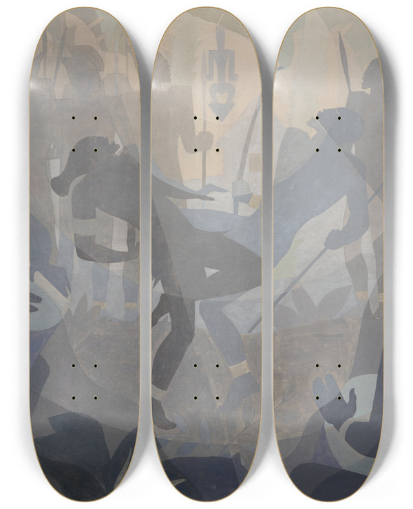 Triptych art skateboard deck of Aaron Douglas Aspects Of Negro Life The Negro In An African Setting by Aaron Douglas