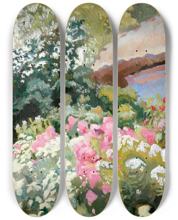 Triptych art skateboard deck of Stanisaw Kamocki Flowers In Front Of The Cottage by Stanislaw Kamocki (1875-1944)