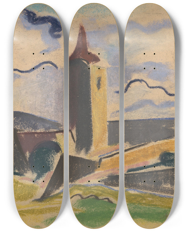 Triptych art skateboard deck of Zolo Palugyay Village Church by Zolo Palugyay (1898-1935)