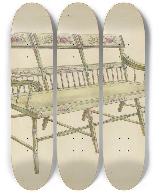 Triptych art skateboard deck of American 20Th Century Sheraton Painted Threeback Settee by American 20Th Century