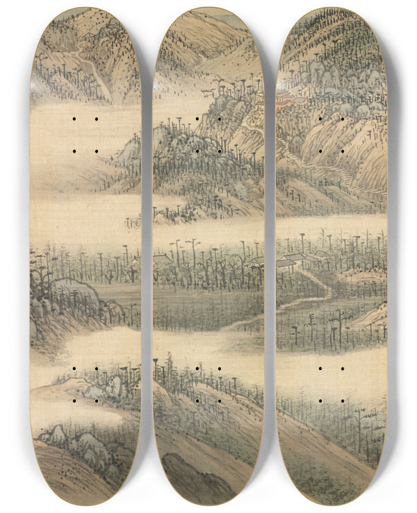Triptych art skateboard deck of Song Xu Mt Biyan Green Cliff by Song Xu (1525-1606)