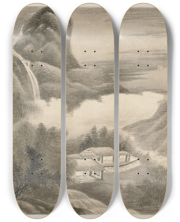 Triptych art skateboard deck of Wang Gai Album Of Landscapes Leaf 5 by Wang Gai (1677-1705)