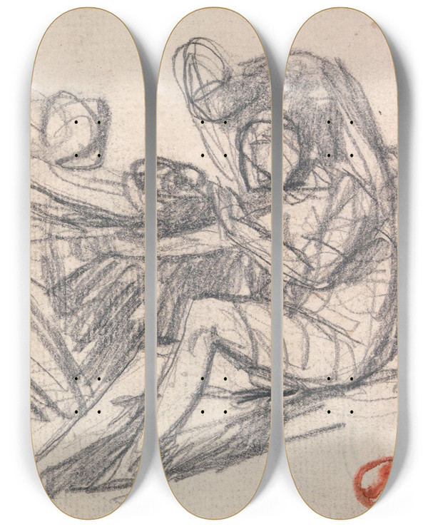 Triptych art skateboard deck of George Romney Two Figures Aiding A Seated Figure by George Romney (1734-1802)