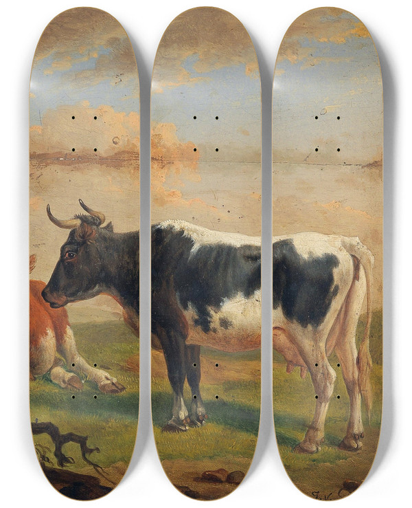 Triptych art skateboard deck of Alexander Johann Dallinger Von Dalling Cows In The Pasture by Alexander Johann Dallinger Von Dalling (1783-1844)