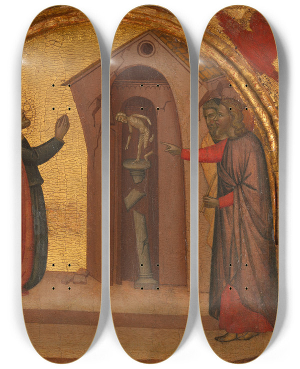 Triptych art skateboard deck of Francescuccio Ghissi Saint John The Evangelist Causes A Pagan Temple To Collapse by Francescuccio Ghissi (1359-1395)