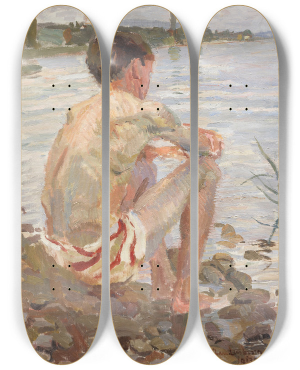 Triptych art skateboard deck of Christian Landenberger Badender Knabe Dingelsdorf by Christian Landenberger (1862-1927)