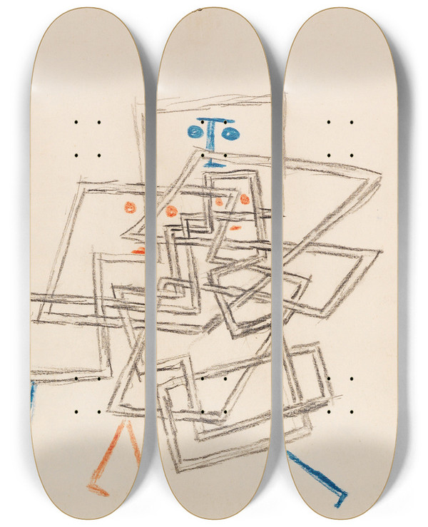 Triptych art skateboard deck of Paul Klee Drei In Verworrenheit by Paul Klee (1879-1940)