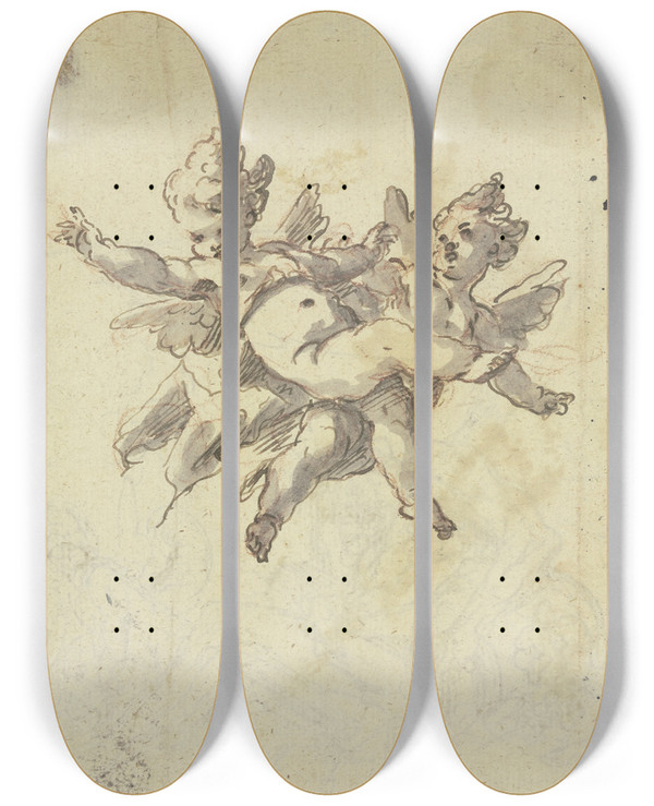 Triptych art skateboard deck of Gaspare Diziani Two Hovering Putti by Gaspare Diziani (1689-1767)