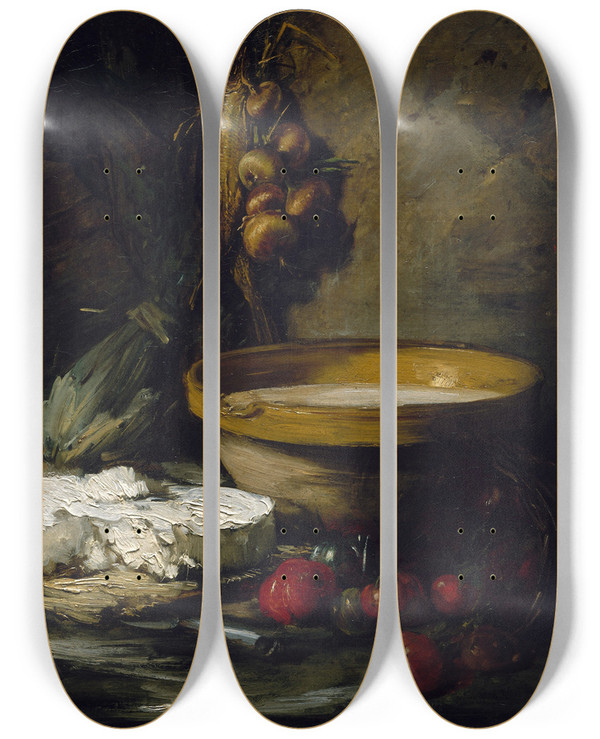 Triptych art skateboard deck of Antoine Vollon Still Life With Cheese by Antoine Vollon (1833-1900)