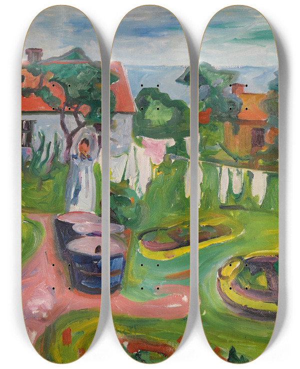Triptych art skateboard deck of Edvard Munch Clothes On A Line In Sgrdstrand by Edvard Munch (1863-1944)