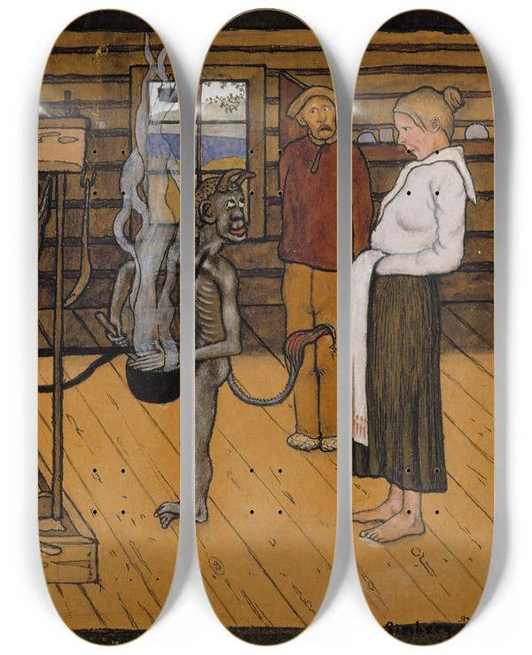 Triptych art skateboard deck of Hugo Simberg The Poor Devil By The Fire by Hugo Simberg (1873-1917)