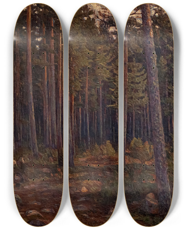 Triptych art skateboard deck of Herman Norrman Interior Of A Coniferous Forest by Herman Norrman (1864-1906)