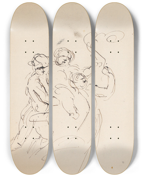 Triptych art skateboard deck of Sir Joshua Reynolds Three Figures And Balloons by Sir Joshua Reynolds (1723-1792)