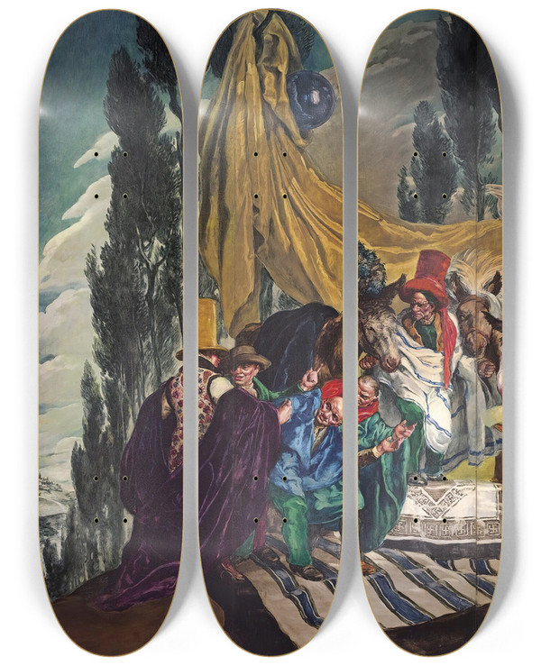 Triptych art skateboard deck of Jos Mara Sert El Vendedor De Burros The Donkey Seller by Jose Maria Sert (1874-1945)