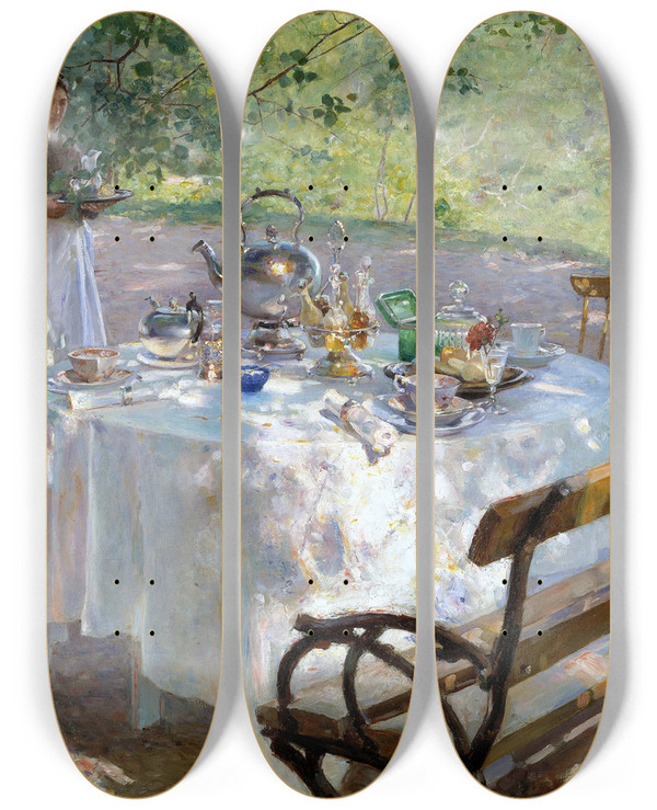 Triptych art skateboard deck of Hanna Hirschpauli Breakfasttime by Hanna Hirsch Pauli (1864-1940)