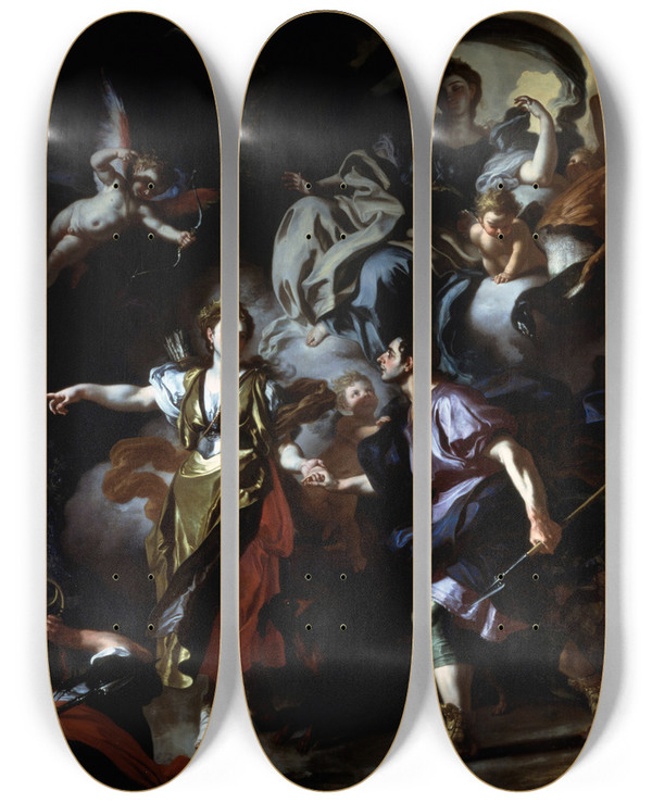 Triptych art skateboard deck of Francesco Solimena The Royal Hunt Of Dido And Aeneas by Francesco Solimena (1657-1747)