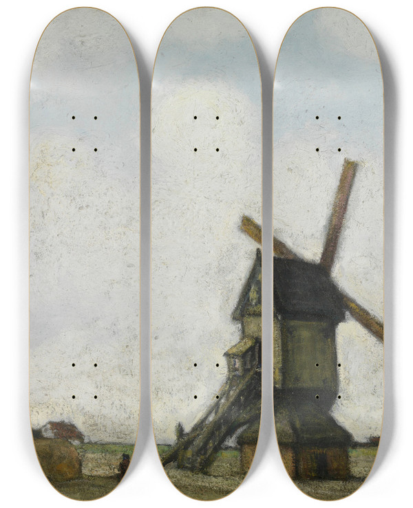 Triptych art skateboard deck of Jakob Smits Windmill In The Kempen by Jakob Smits (1855-1928)