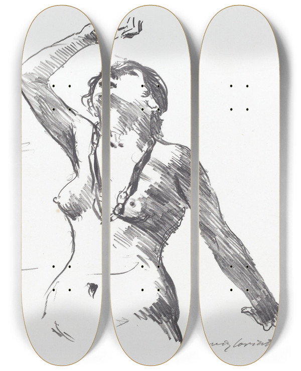 Triptych art skateboard deck of Lovis Corinth Female Nude Defending Herself Weiblicher Akt In Abwehr by Lovis Corinth (1858-1925)